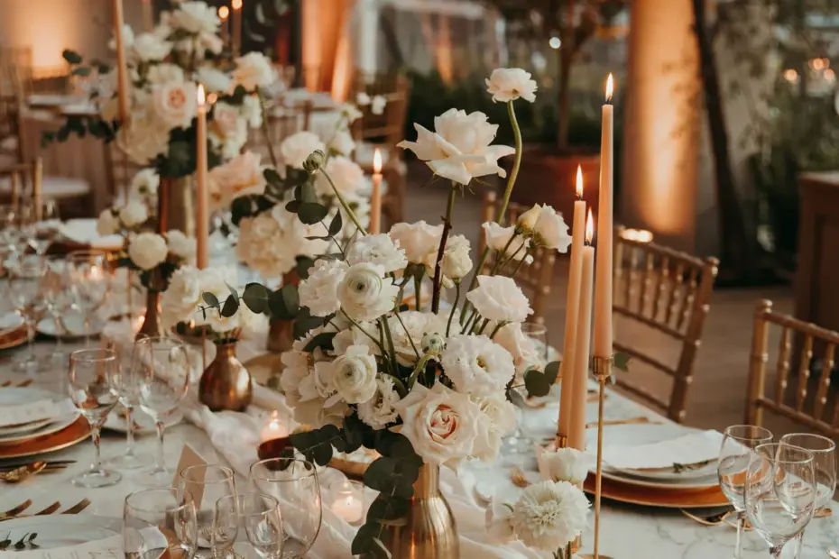 Mason Jar Wedding Centerpieces with Lights | Classic Ivory Roses | Elegant Tablescape Ideas