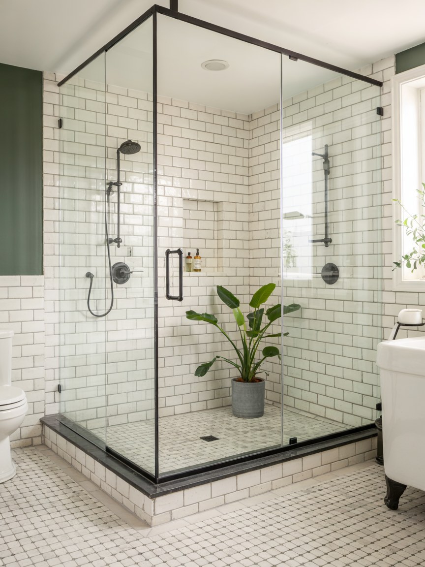 Modern Subway Tile Shower Design with Black Frame Enclosure Ideas
