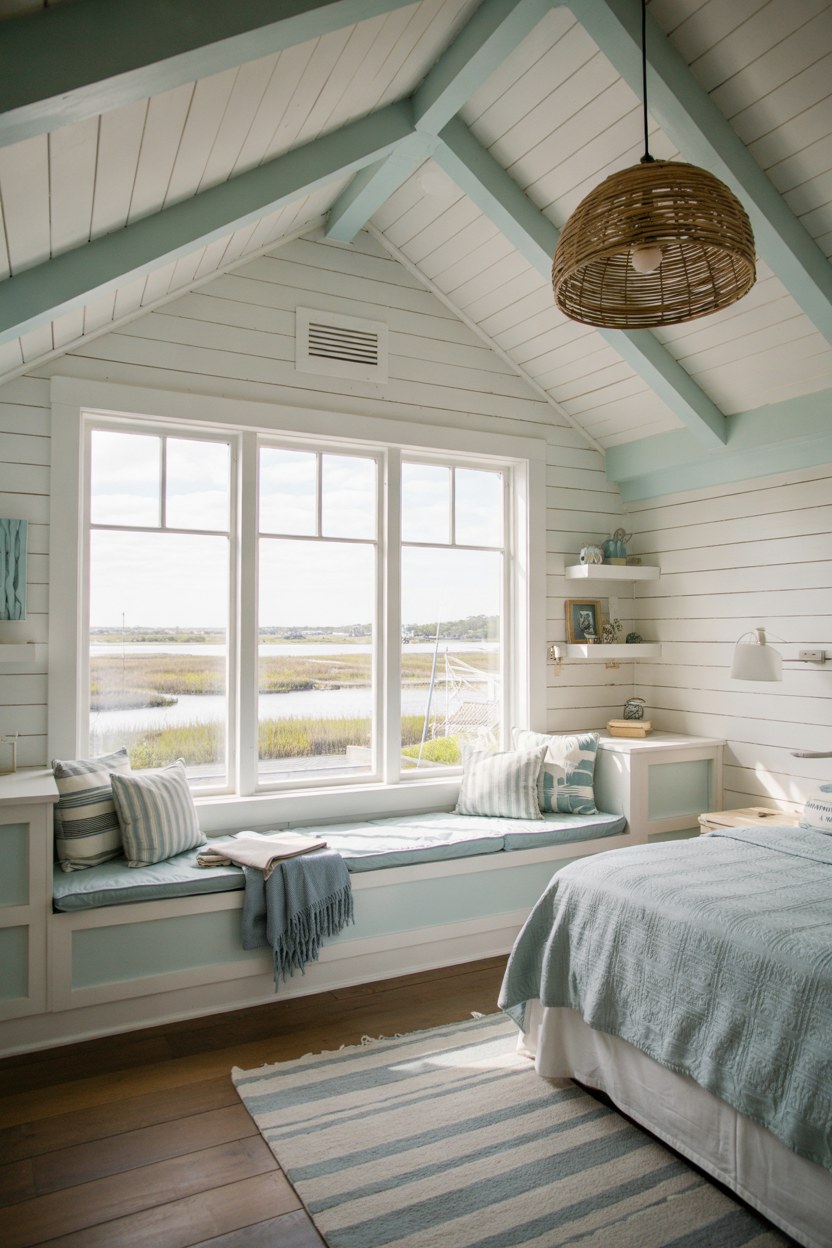 Coastal Bedroom Design Ideas with Window Seat and Shiplap