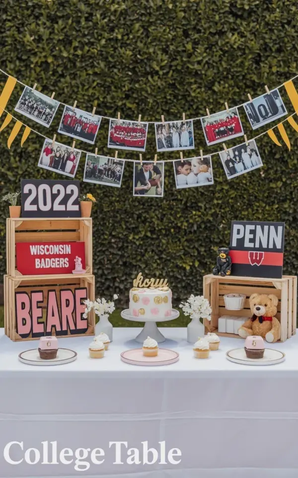 Graduation Party Dessert Table Setup with Photo Display & Crate Shelves