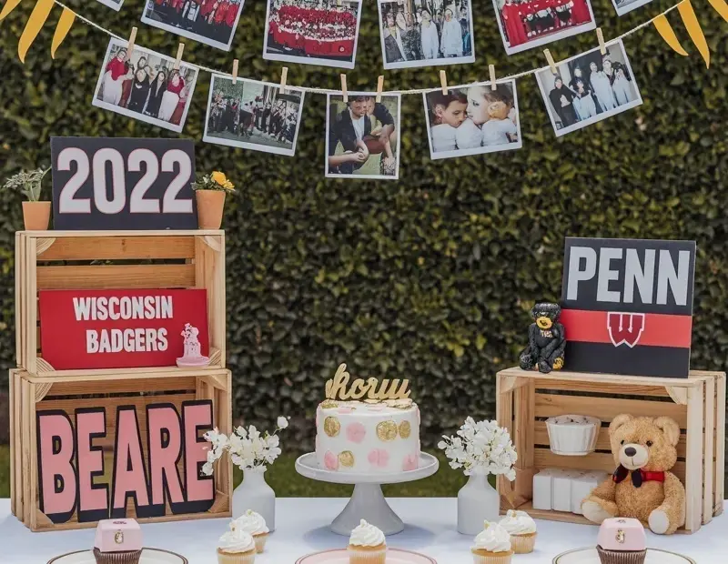 Graduation Party Dessert Table Setup with Photo Display & Crate Shelves