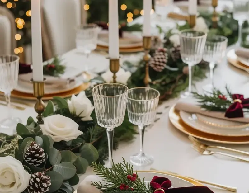 Holiday Table Setting Ideas: Burgundy Velvet Bows, Gold Rimmed Plates & Fresh Evergreen
