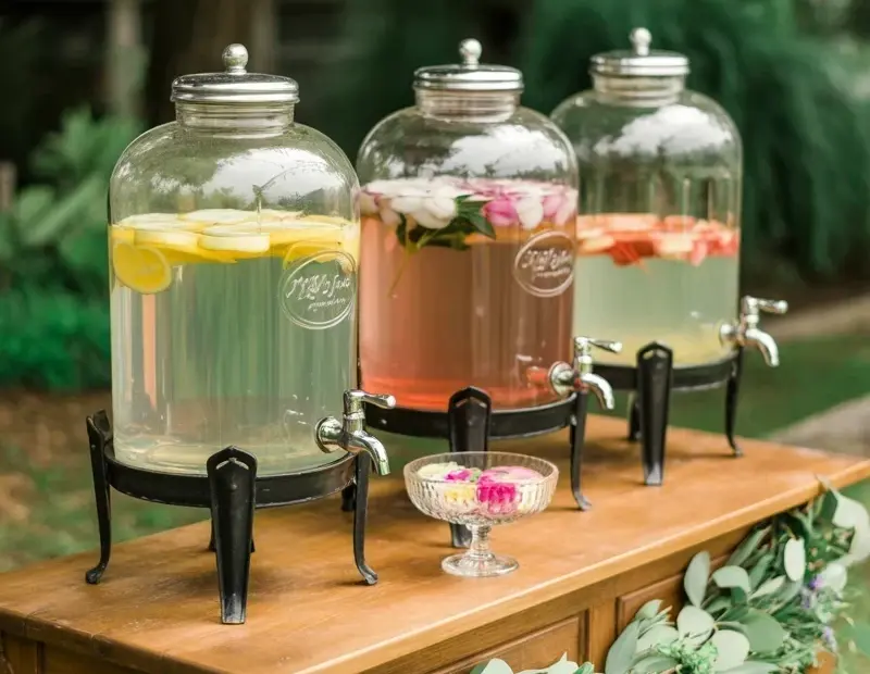 Rustic Outdoor Beverage Station with Floral Lemonade | Summer Table Setting Ideas