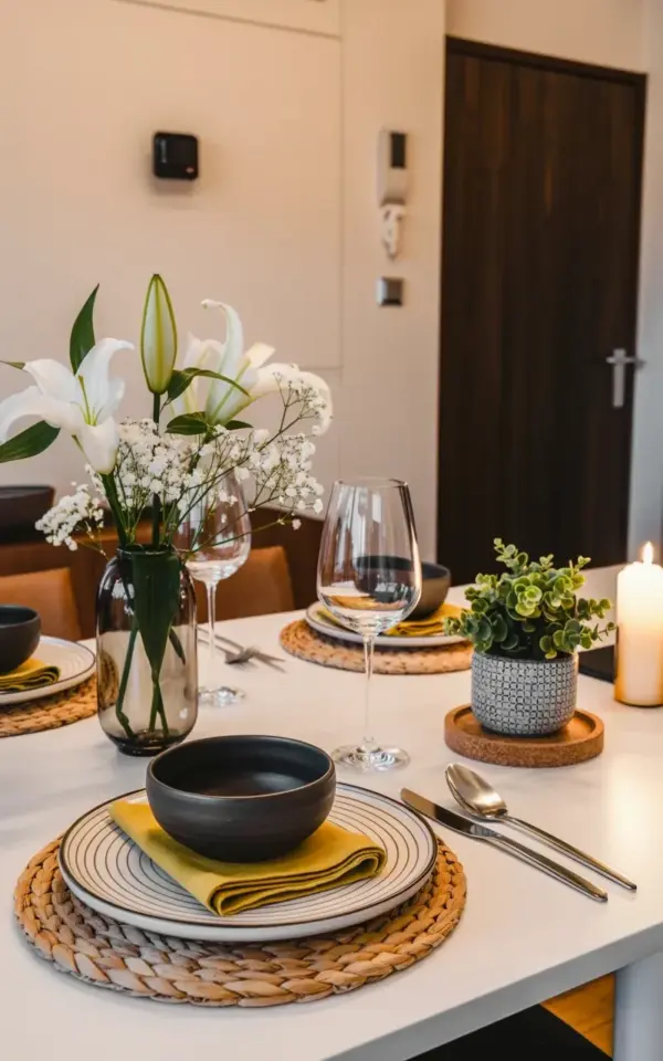 Elegant Dining Table Setting with White Lilies and Neutral Tones