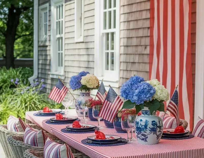 Patriotic Outdoor Dining Table Setting Before & After on Our Covered Porch