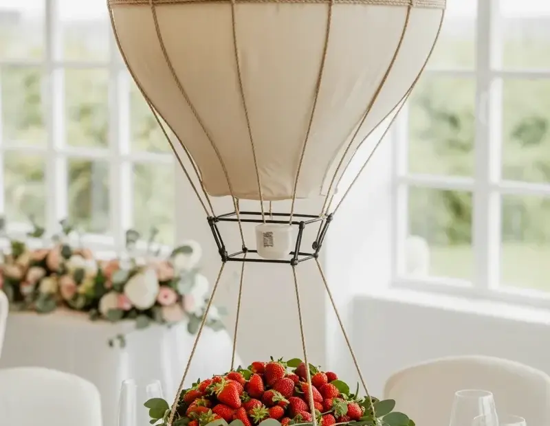 Hot Air Balloon Centerpiece with Strawberries | Cozy Wedding Table Decor