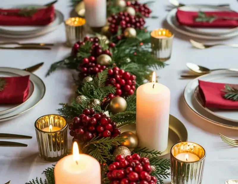 Holiday Table Setting with Cranberries Gold Candles and Evergreen