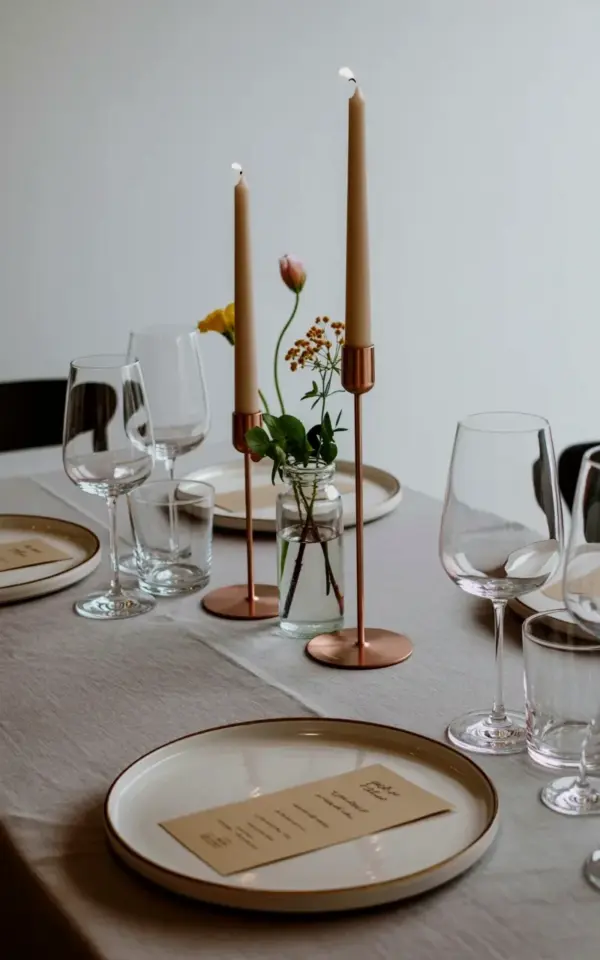 Minimalist Table Setting Ideas for a Dinner Party with Candles and Flowers