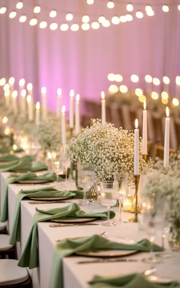 How to Set a Wedding Reception Table with Baby's Breath and Gold Taper Candles