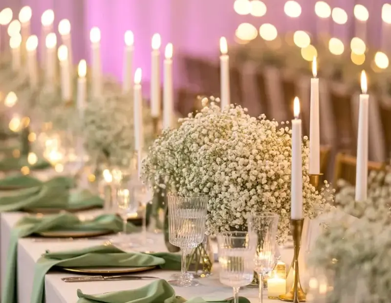 How to Set a Wedding Reception Table with Baby's Breath and Gold Taper Candles