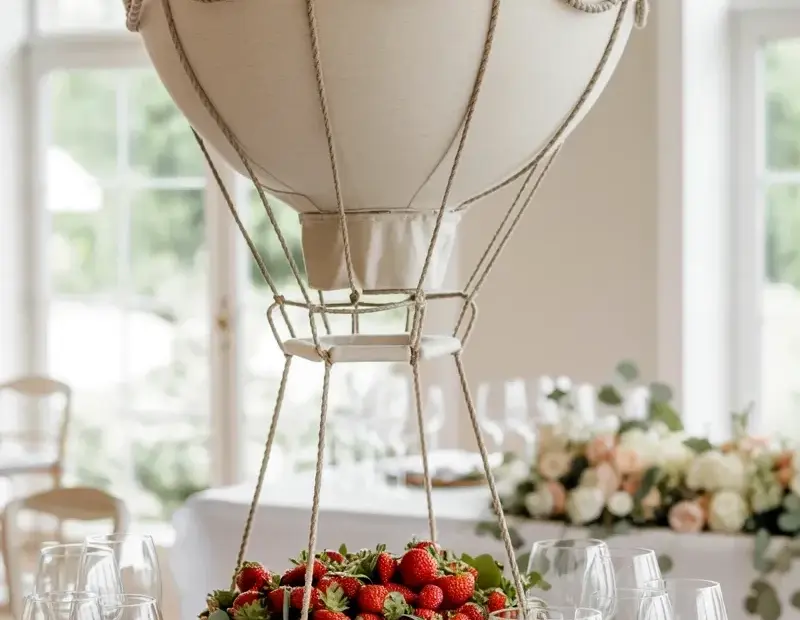 Hot Air Balloon Wedding Centerpiece with Strawberries for a Spring Table