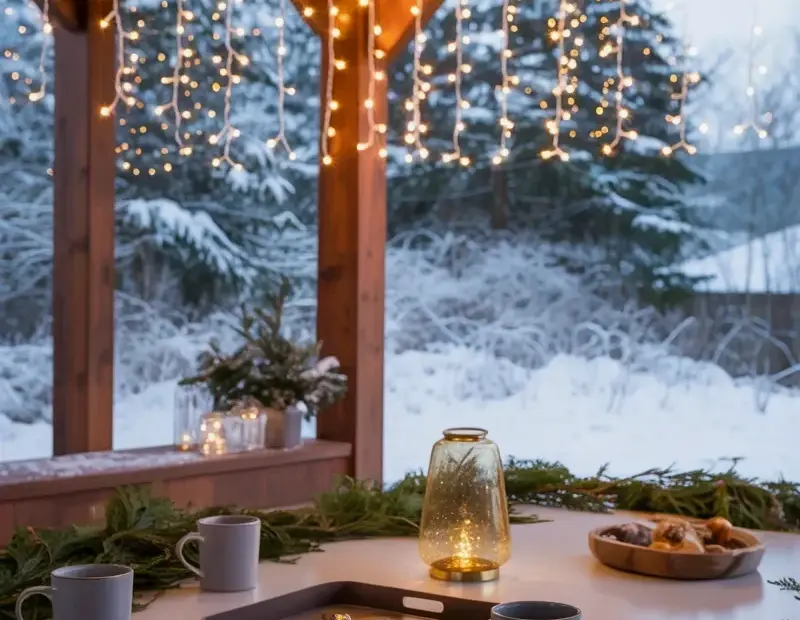 Covered Porch Winter Makeover - Fairy Lights & Garland Before After