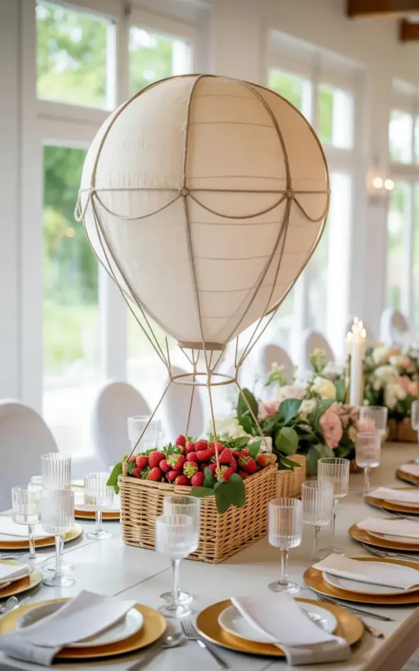 Wedding Table Centerpiece: White Hot Air Balloon over Strawberry Basket