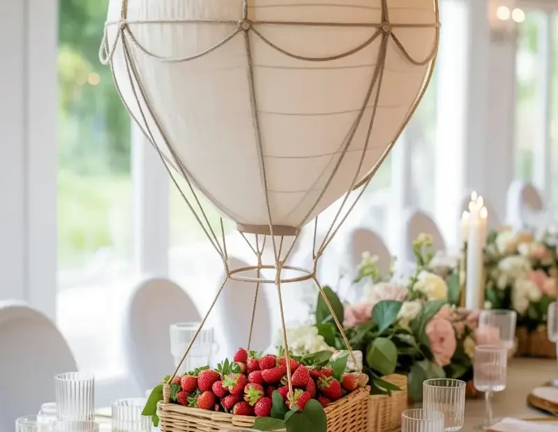 Wedding Table Centerpiece: White Hot Air Balloon over Strawberry Basket