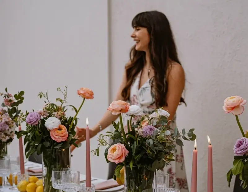 Formal Table Setting with Bubble Chandelier & Pink Floral Centerpiece for Holiday Dining