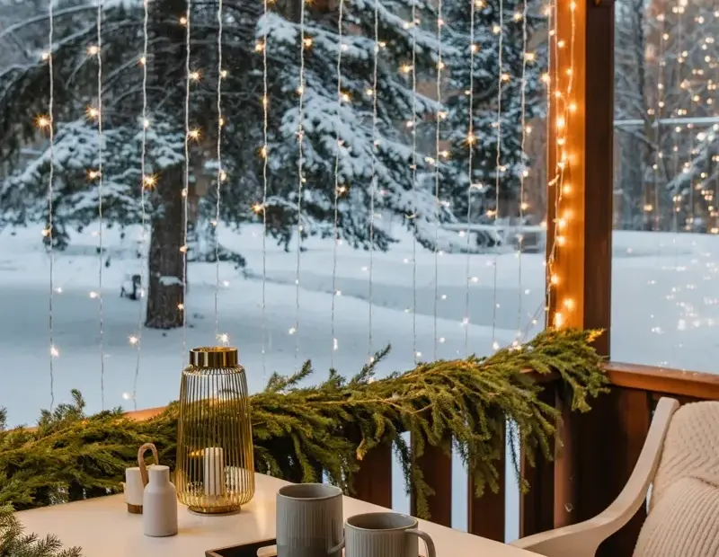Cozy Winter Porch Decor on a Budget | String Lights & Evergreen Garland Ideas