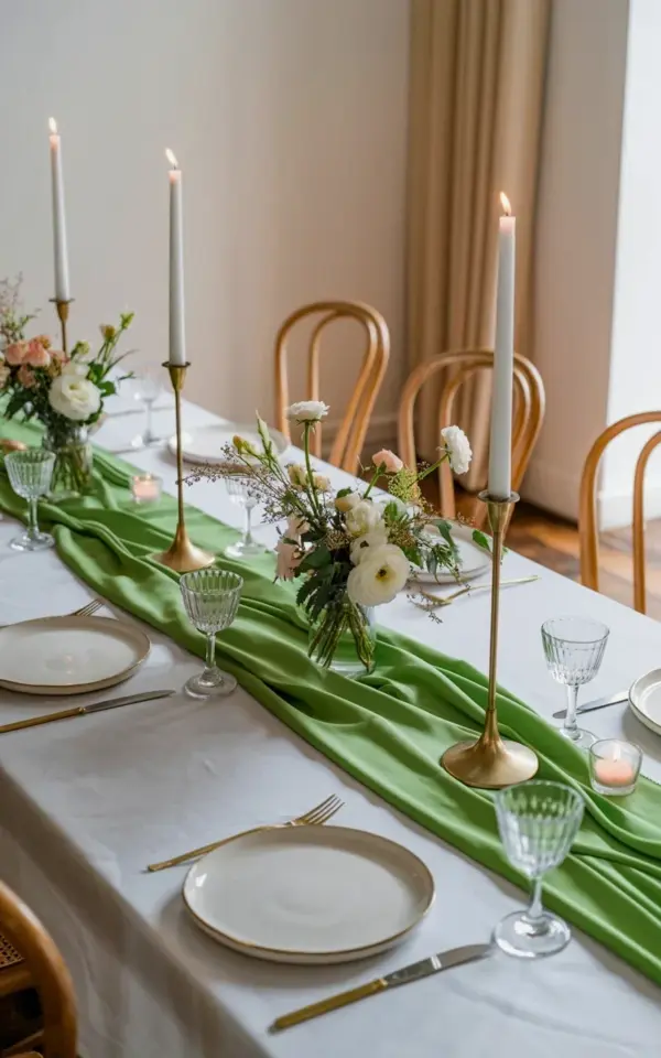Sage Green Table Setting Ideas with Brass Candlesticks for a Formal Dinner