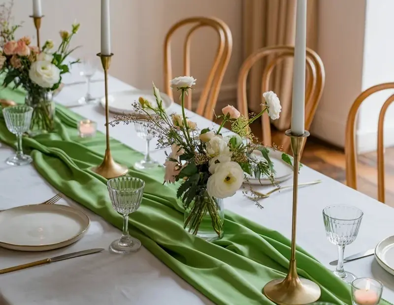 Sage Green Table Setting Ideas with Brass Candlesticks for a Formal Dinner