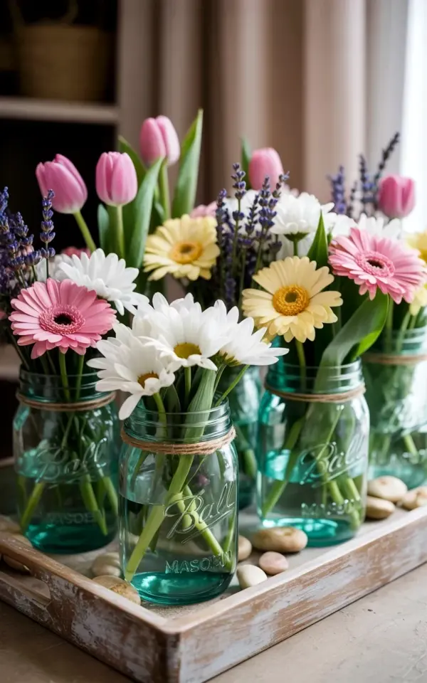 Rustic Mason Jar Centerpiece with Spring Tulips & Daisies | Tablescape Ideas
