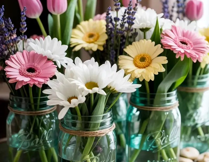 Rustic Mason Jar Centerpiece with Spring Tulips & Daisies | Tablescape Ideas