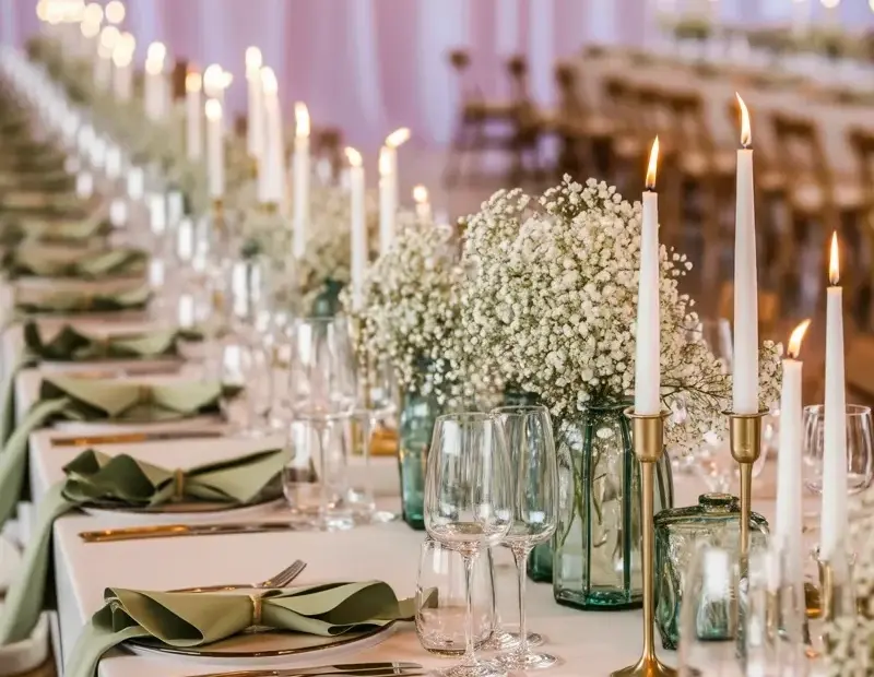 Classic Wedding Reception Table Setting with Baby's Breath and Gold Candlesticks