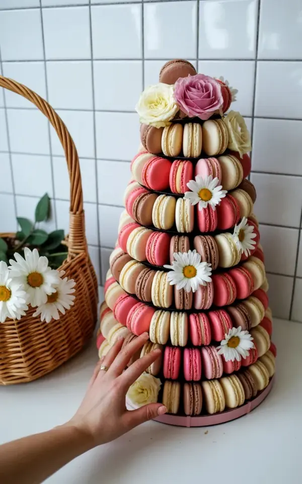 Macaron Tower Tablescape for a Bridal Shower Tea Party with Fresh Flowers