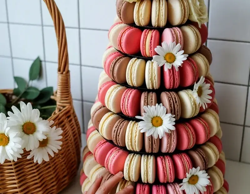 Macaron Tower Tablescape for a Bridal Shower Tea Party with Fresh Flowers
