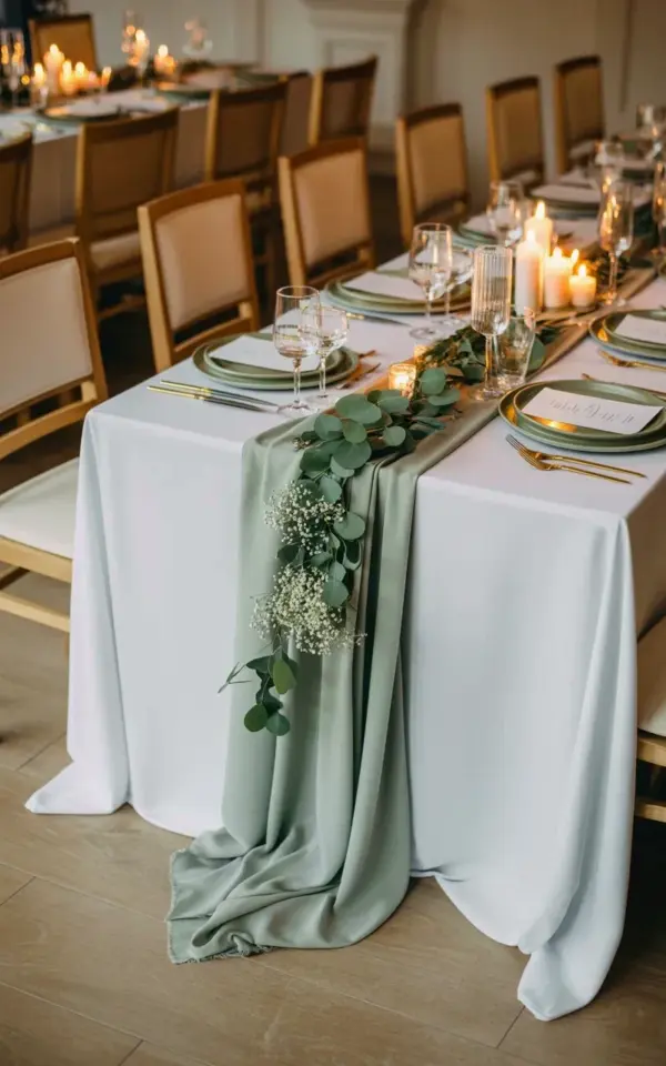Sage Green Wedding Table Setting with Eucalyptus and Gold Cutlery
