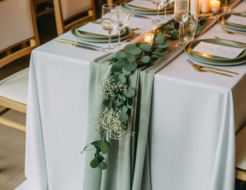 Sage Green Wedding Table Setting with Eucalyptus and Gold Cutlery